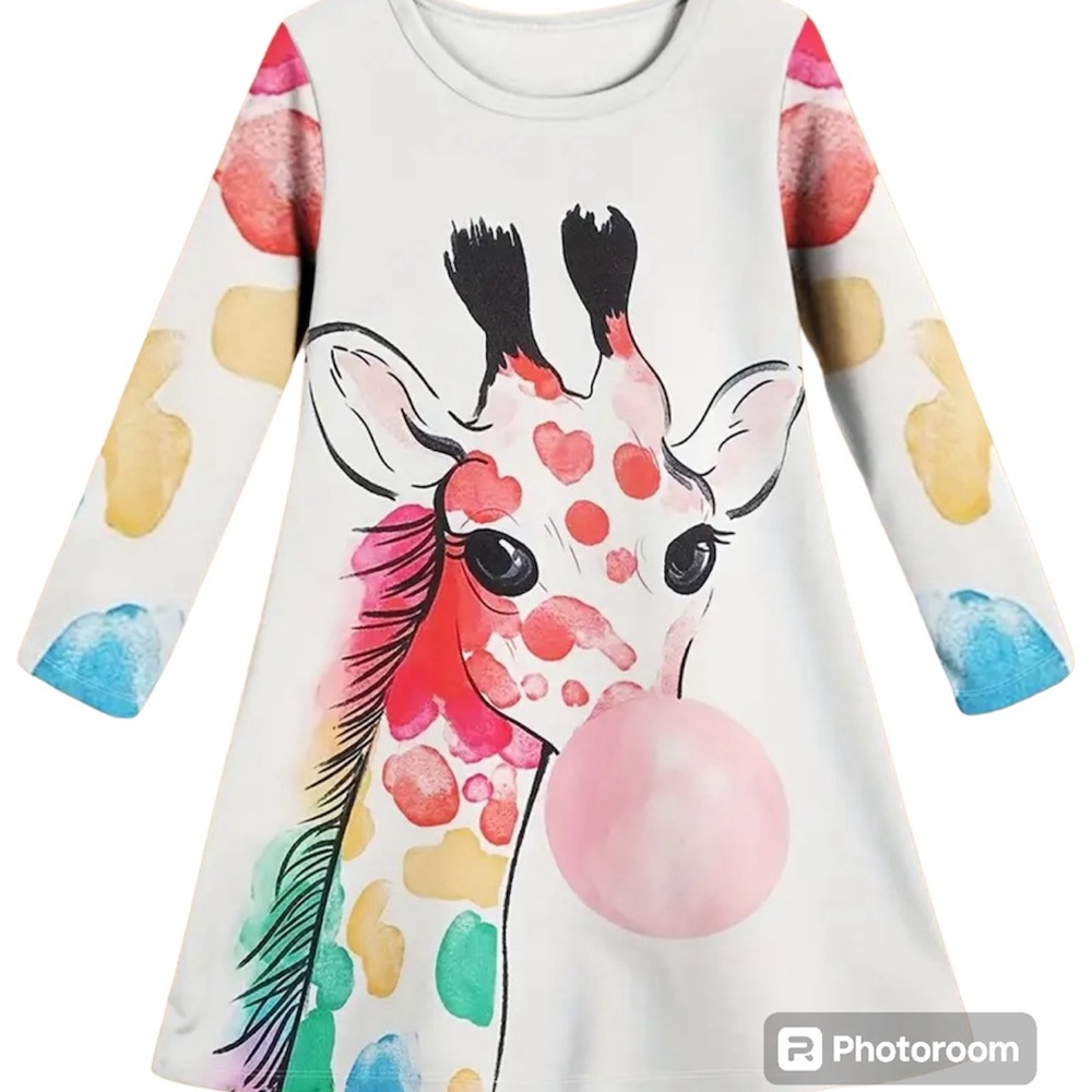 New Boutique Girls Tunic Long Sleeve Dress With Giraffe Blowing Bubblegum 4-5Y
